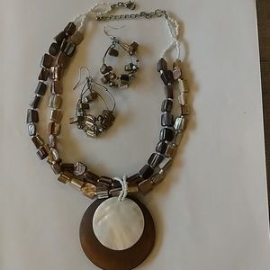 Matching wood and shell like necklace with earring